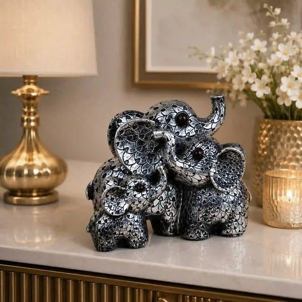 Elegant Antique Silver Elephant Family Sculpture
