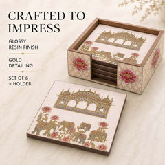 Regal Elephant Wooden Coaster Set of 6 with Holder