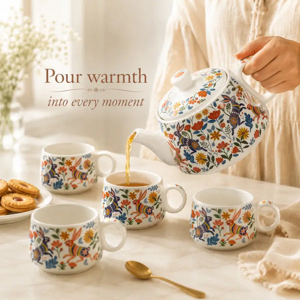 Bunny Floret Morning Tea Set: 1000ML Teapot & 6 Cups (150ML)
