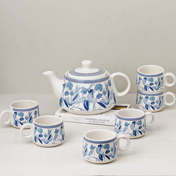 Blue Petals Ceramic Tea Kettle Cup Set of 6