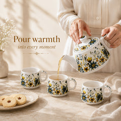 Botanical Meadow Ceramic Tea Set – 1000ML Teapot & 6 Cups