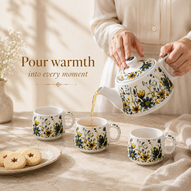 Botanical Meadow Ceramic Tea Set – 1000ML Teapot & 6 Cups