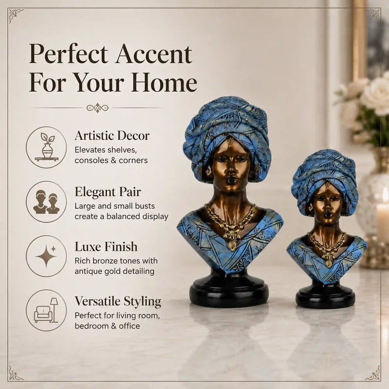 Majestic Bronze & Blue Sculptural Bust Pair (Set of 2)