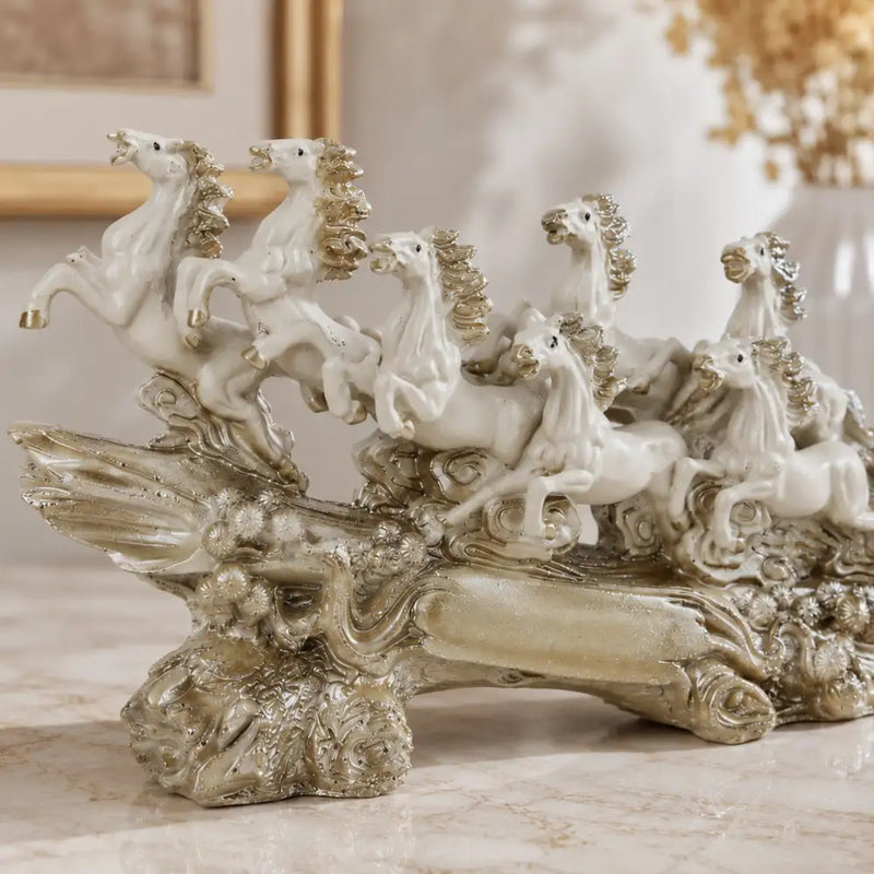 Victorious Galloping 7 Horse Sculpture | Ivory & Champagne Gold