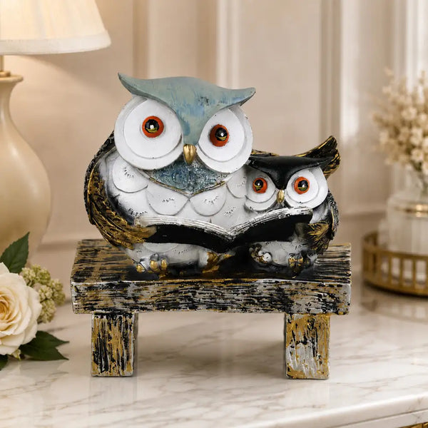 Wisdom & Learning Owl Pair Sculpture on Rustic Bench