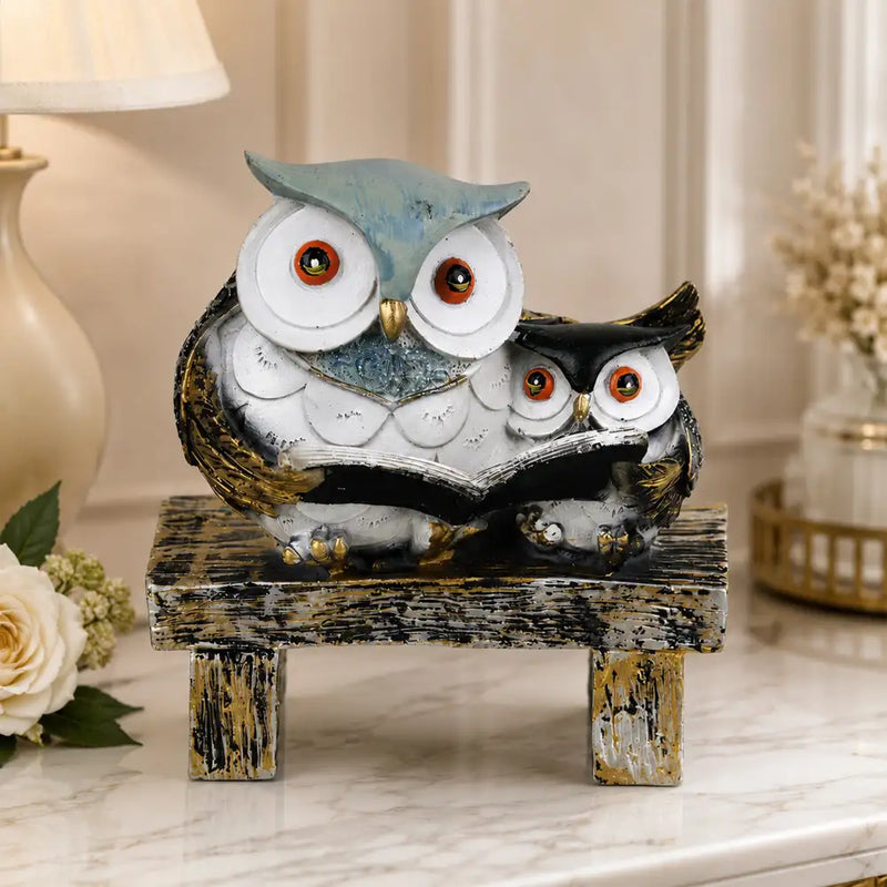 Wisdom & Learning Owl Pair Sculpture on Rustic Bench