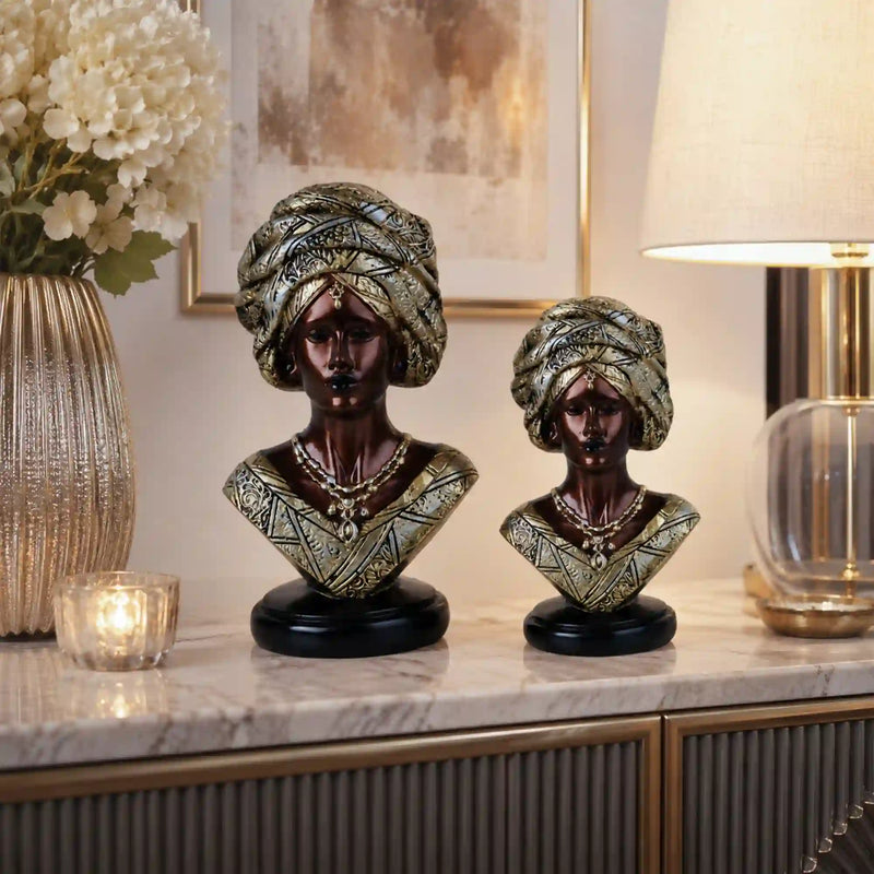 Majestic Bronze & Blue Sculptural Bust Pair (Set of 2)
