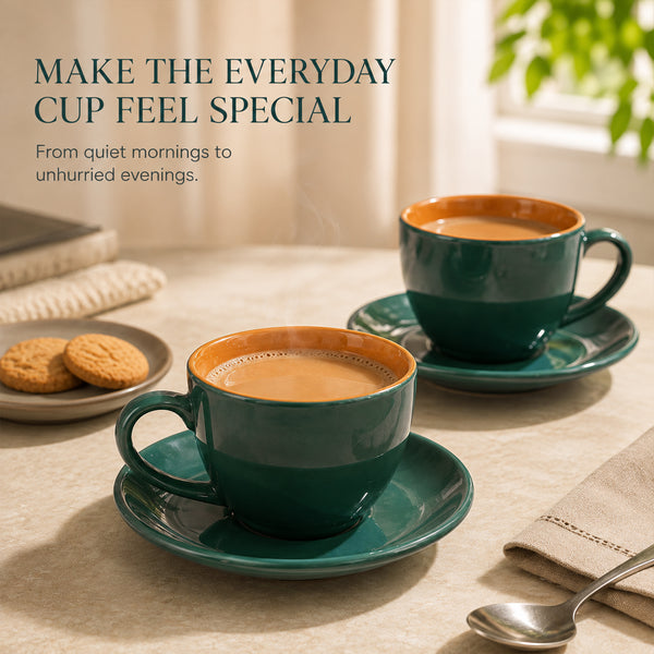 Teal Novelle Ceramic Cappuccino Cup & Saucer Set of 4