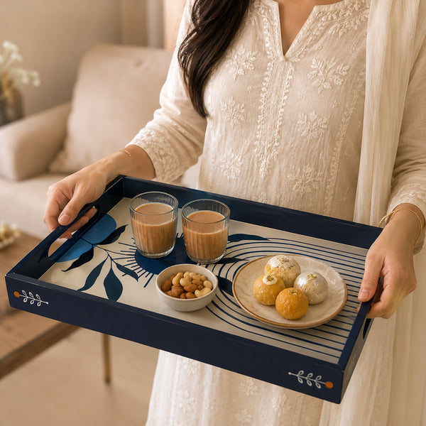 Indigo Botanica Wooden Serving Tray Set of 3