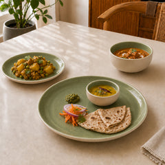 Organic Green Ceramic Dinner Set - 21 Pieces with Serving Bowls
