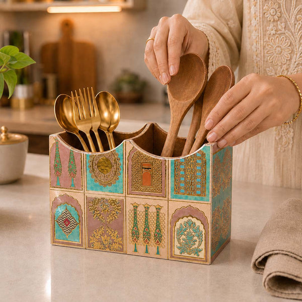 Mughal Heritage Wooden 2-Section Cutlery Holder