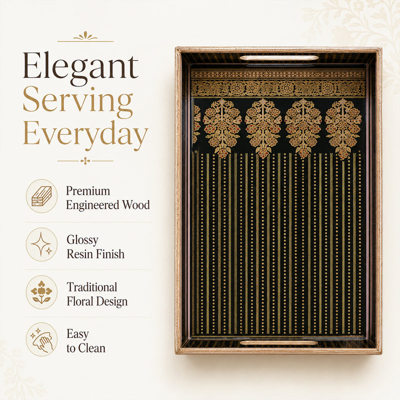Royal Heritage Black & Gold Wooden Serving Tray Set of 3