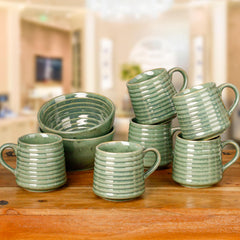 Sage Green Ceramic Bowls and Tea Cup Combo | Microwave and Dishwasher Safe
