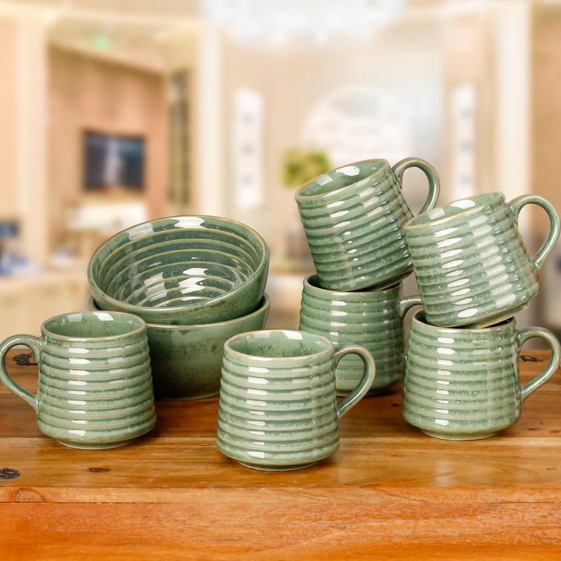 Sage Green Ceramic Bowls and Tea Cup Combo | Microwave and Dishwasher Safe