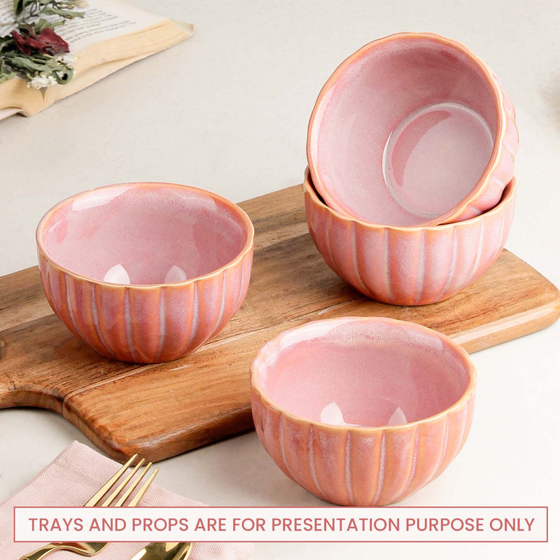 Pink Ribbed Ceramic Snack Bowl Set of 4 – 320ML