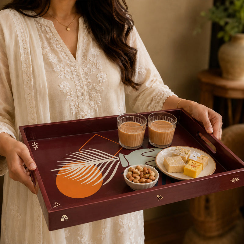 Brown Abstract Botanica Wooden Serving Tray Set of 3