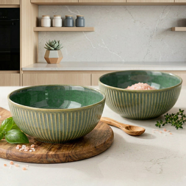 Glam Green Ceramic Serving Bowl Set of 2