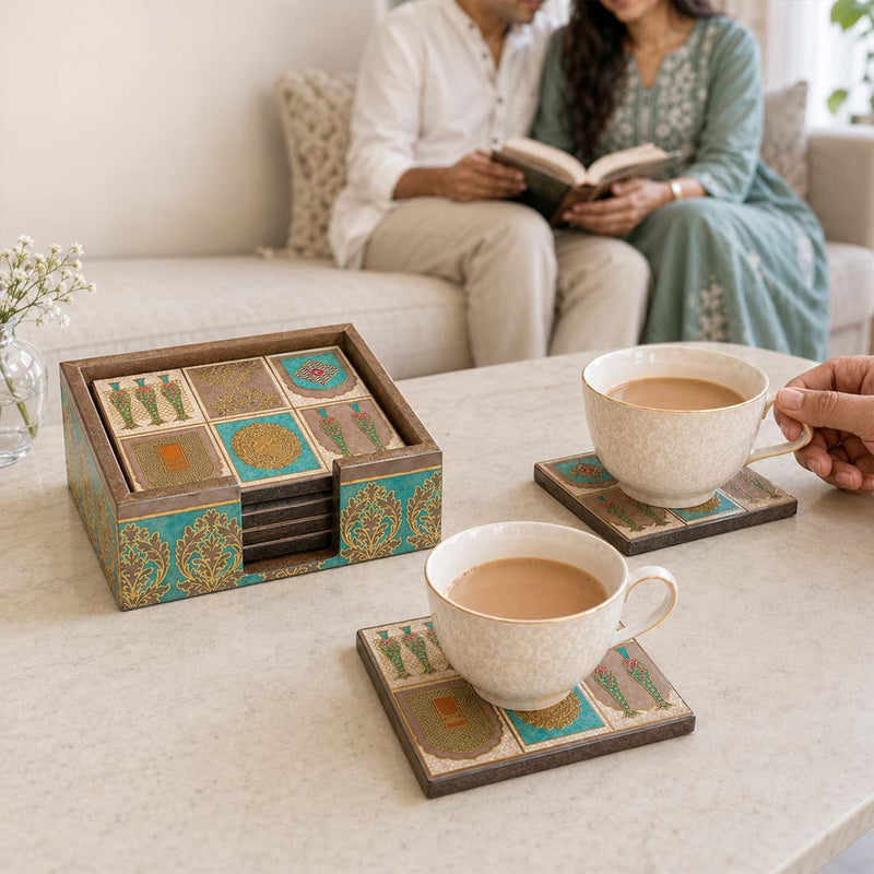 Mughal Heritage Wooden Coaster Set of 6 with Holder