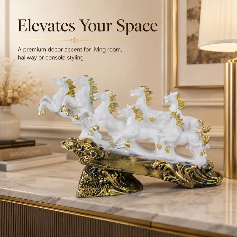 Majestic White & Gold Galloping 7 Horse Sculpture