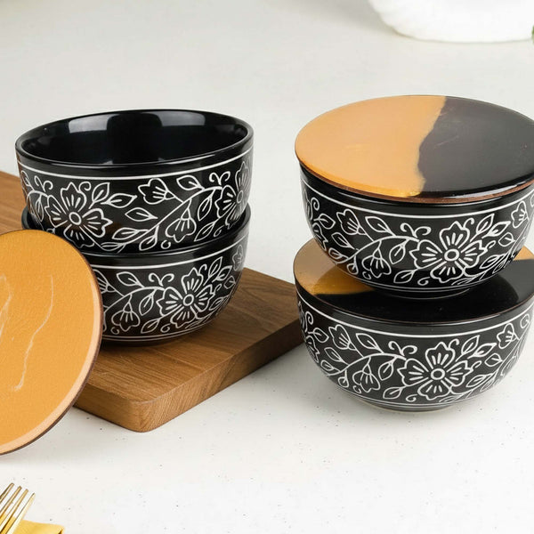Black Artvine Ceramic Snack Bowl Set of 4 – 500ML with Lid