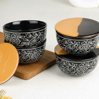 Black Artvine Ceramic Snack Bowl Set of 4 – 500ML with Lid