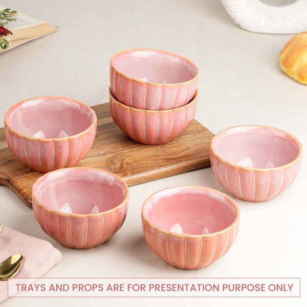 Pink Ribbed Ceramic Snack Bowl Set of 6 – 320ML