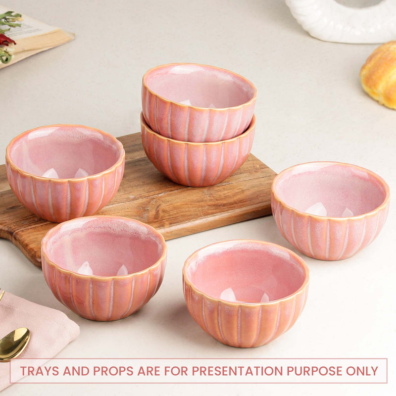 Pink Ribbed Ceramic Snack Bowl Set of 6 – 320ML