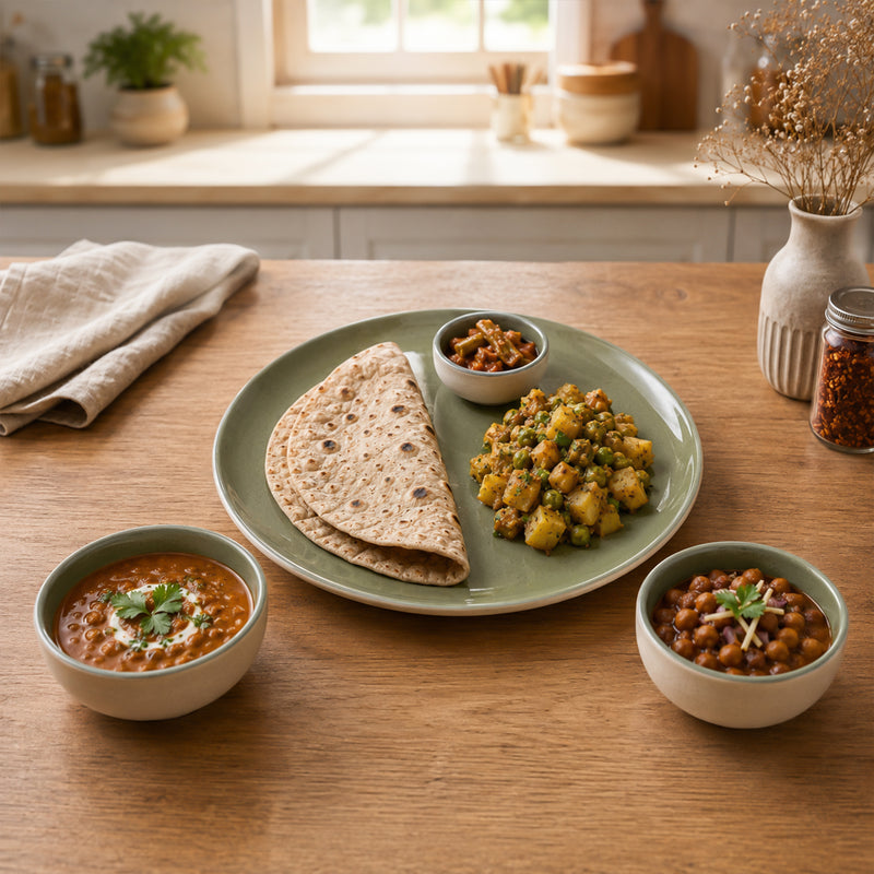 Organic Green Ceramic Dinner Set - 24 Piece Plates & Bowls Set