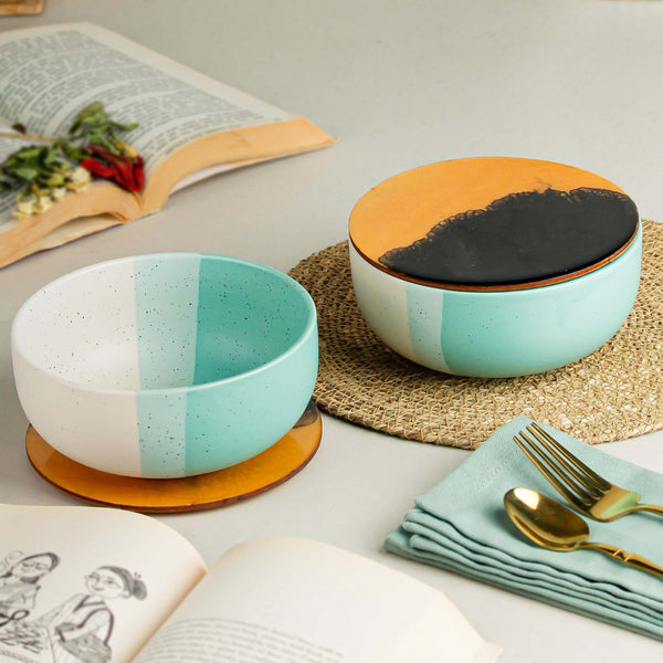 Green Matte Ceramic Bowl Set of 2 – 500ML with Lid