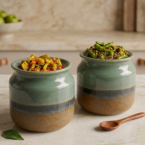 Rustic Green Ceramic Jar Set of 2 (800ML) – Airtight Kitchen Storage Containers & Spice Jars
