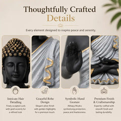 Meditating Buddha Statue in Premium Black & Silver with Gold Accents