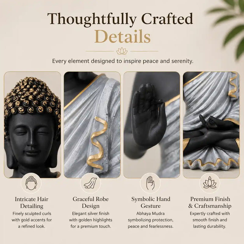 Meditating Buddha Statue in Premium Black & Silver with Gold Accents