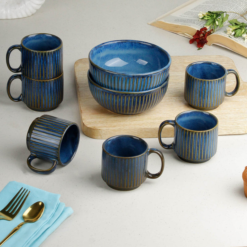 Glam Bue Ceramic 2 Snack Bowl & 6 Tea Cup Combo