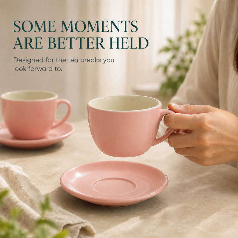 Solid Peach Ceramic Cappuccino Cup & Saucer Set of 4