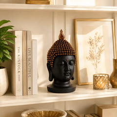 Serenity Buddha Head Sculpture – Matte Black & Copper