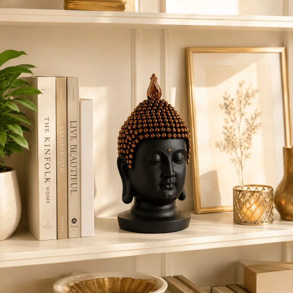 Serenity Buddha Head Sculpture – Matte Black & Copper