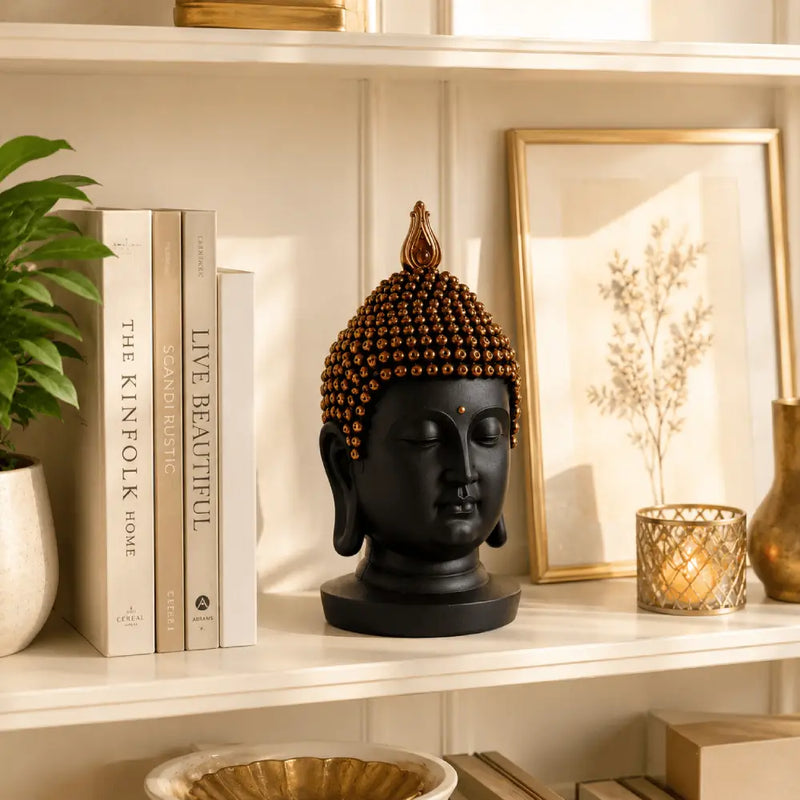 Serenity Buddha Head Sculpture – Matte Black & Copper