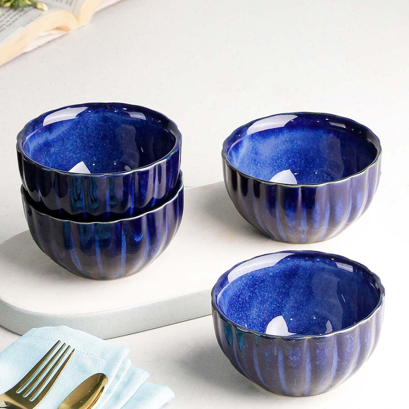 Blue Ribbed Ceramic Bowl Set of 4, 320ML