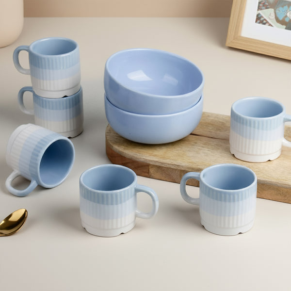 Sky Blue Ceramic Combo Set: 2 Snack Bowls (500ML) & 6 Tea Cups (160ML)