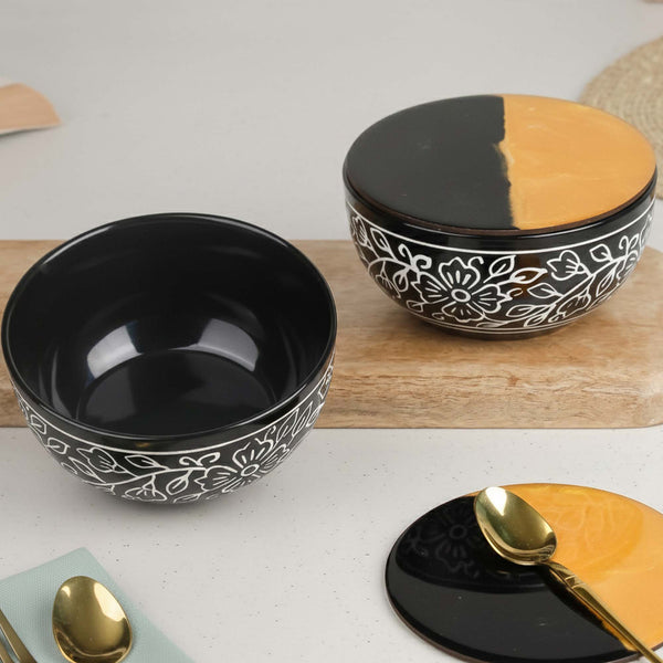 Black Artvine Ceramic Bowl Set of 2 – 500ML with Wooden Lid