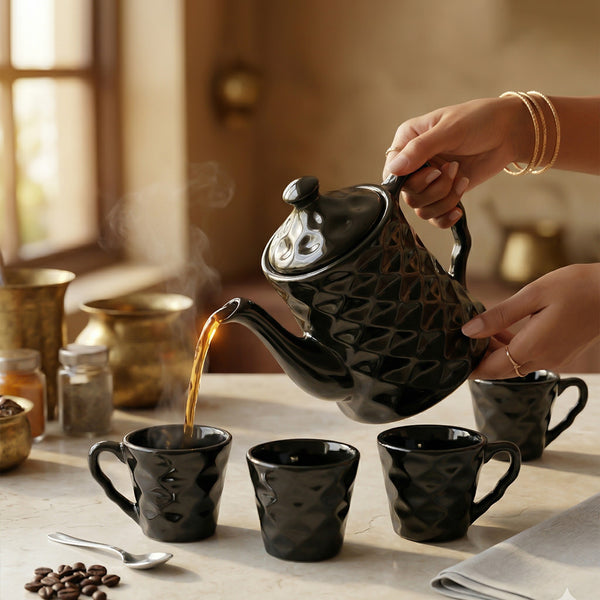 Black Diamond Ceramic Tea Set with Kettle & 6 Cups