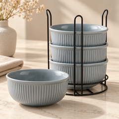 Fringe Grey Ceramic Bowl Set of 4 with Metal Stand