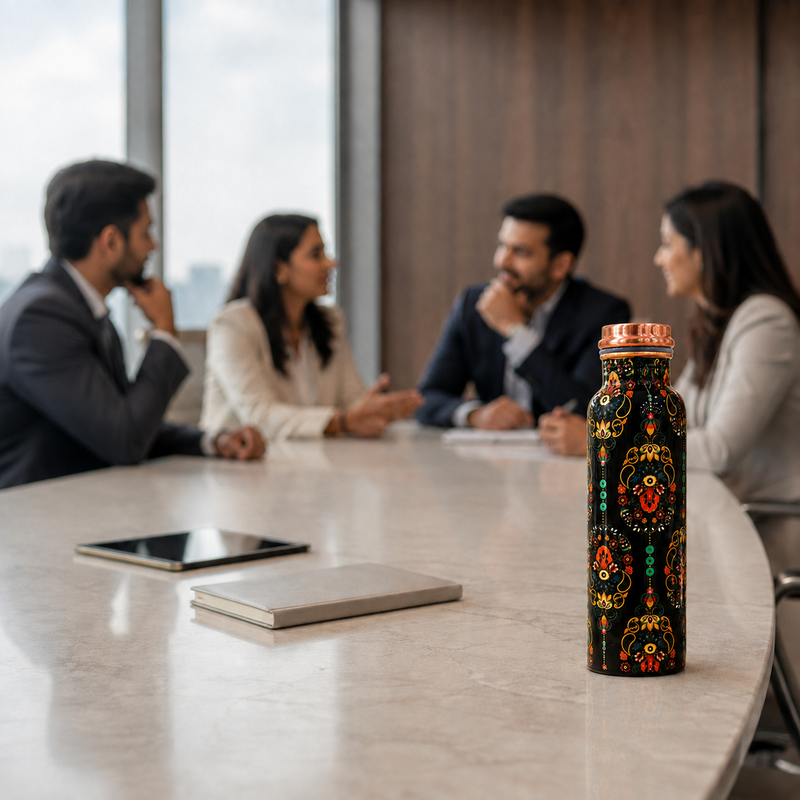 Himalayan Village Copper Water Bottle | Kashmiri Floral Art | 900ml
