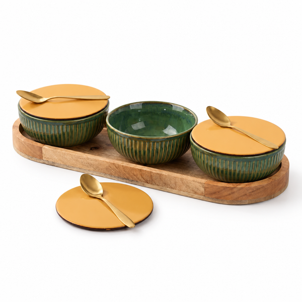 Glam Green Ceramic Bowl Serving Set 3 Bowls, 1 Tray, 3 Spoon and 3 Coaster
