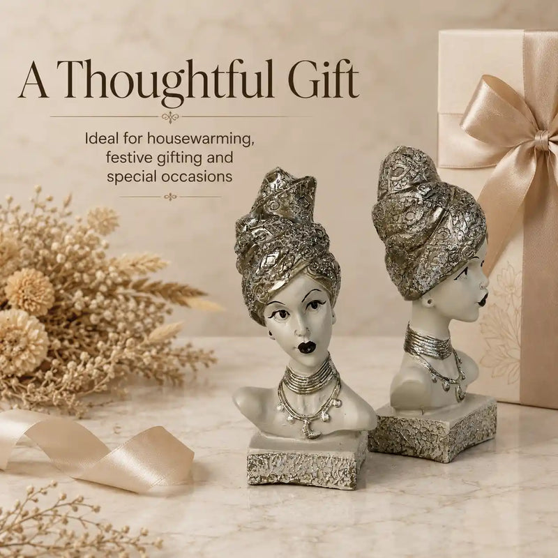 Artistic Ethnic Silver Lady Sculptural Bust Pair – Decorative Statues