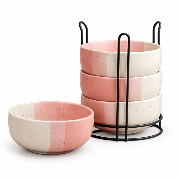 Tritone Pink Ceramic Bowl Set of 4 with Metal Stand – 500ML