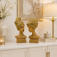 Artistic African Lady Sculptural Bust Pair – Decorative Gold Statues Set of 2