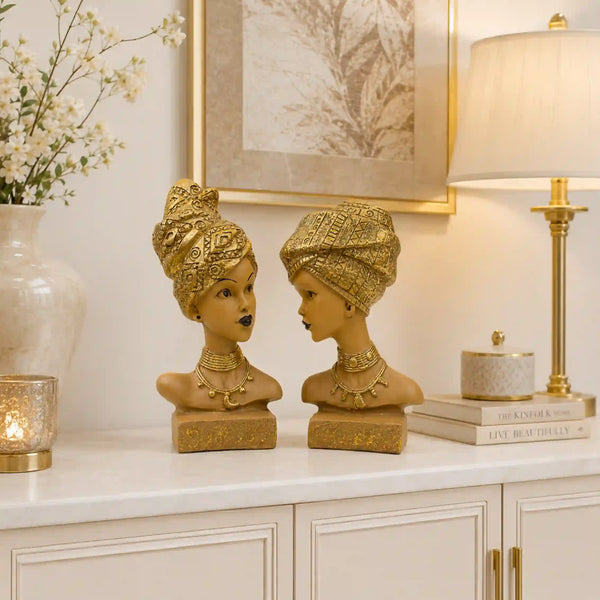 Artistic African Lady Sculptural Bust Pair – Decorative Gold Statues Set of 2