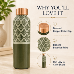 Sage Lattice Copper Water Bottle | Handcrafted Damask Design | 900ml