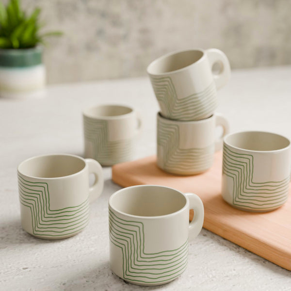 Cream Green Ziggy Ceramic Tea Cup Set of 6, 200 ML Each - The Earth Store - Tea Sets